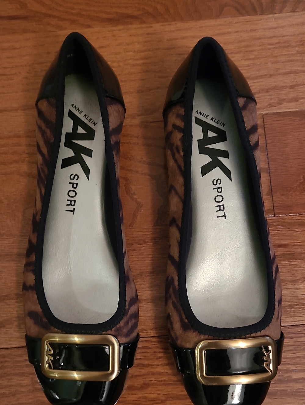 Anne Klein Brown and Black Tiger-Print Flats with Gold Buckle